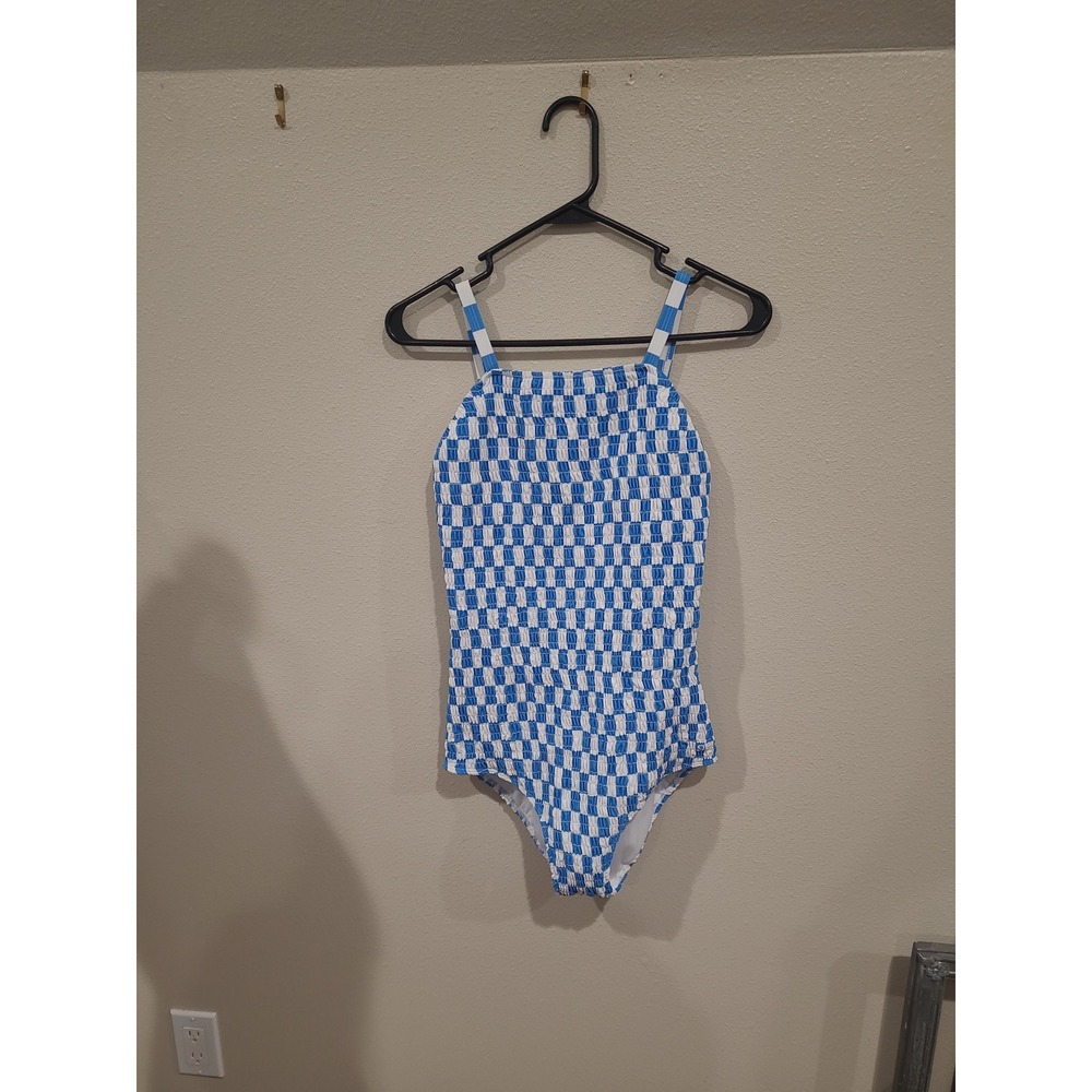 Albion Women SZ S Blue white checkered all over shirred one-piece swimsuit vaca